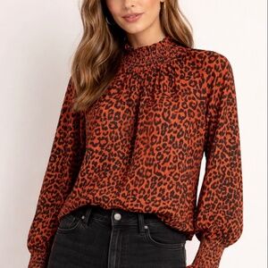 Loft Leopard Print Ruffle Smocked Long Sleeve Blouse Womens M Peasant Boho